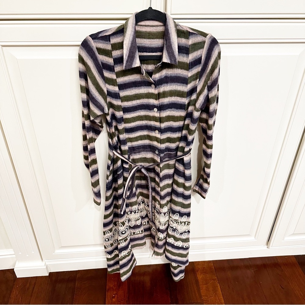 Women’s Embroidered Striped Gauzy Thin Long Sleeved Button Front Dress‎ Duster